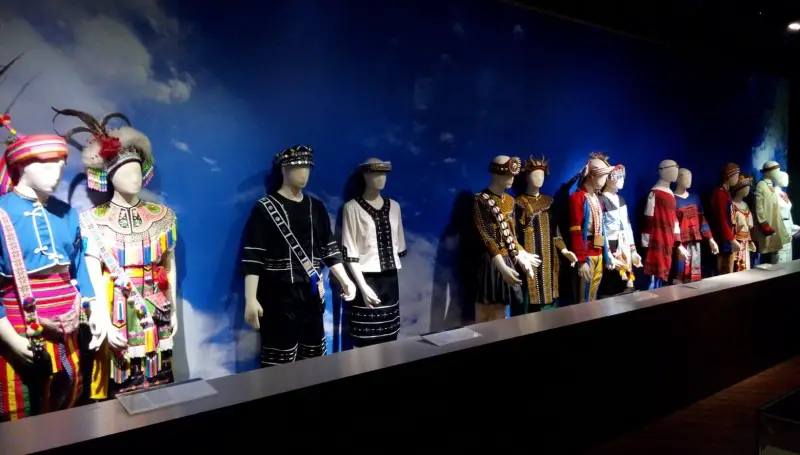 Aboriginal attire from the various recognized tribes on display at the Ketagalan Center in Taipei's Beitou District.